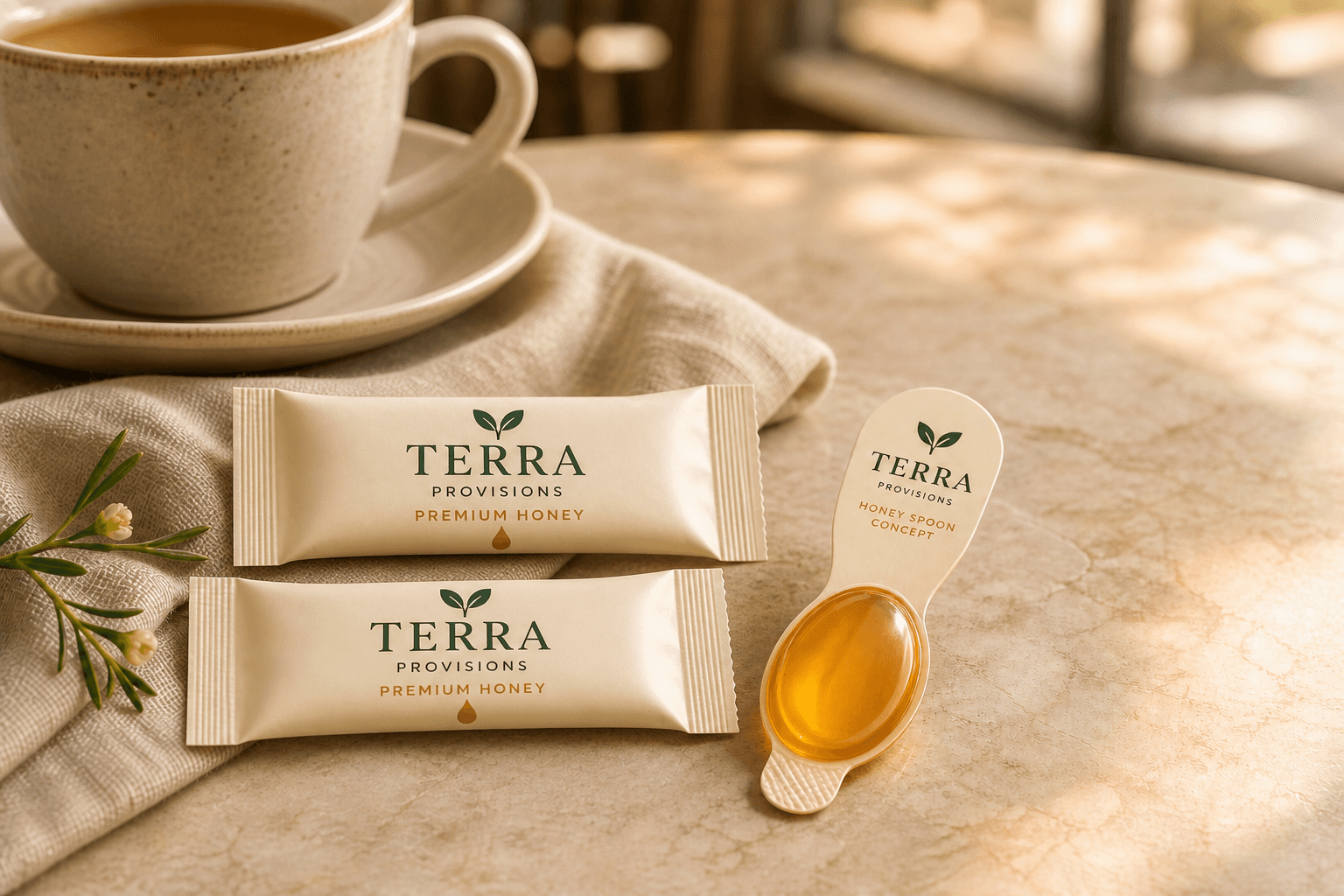 Terra Provisions Honey Packet packaging beside a Honey Spoon concept in a warm hospitality setting.