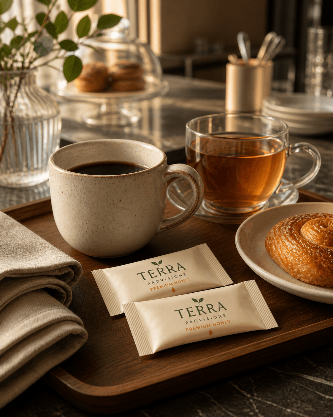 Wide Terra Provisions honey packets presented with coffee, tea, and a pastry on an unbranded hospitality service tray.