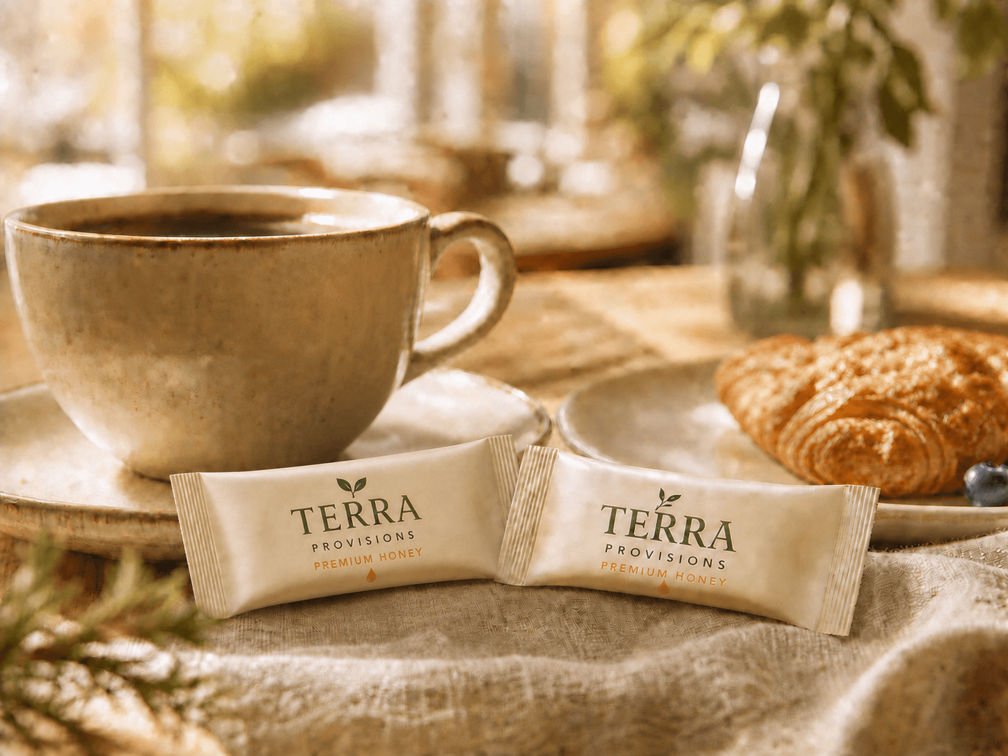 Two Terra Provisions Premium Honey packets beside coffee and a pastry in a warmly lit café setting.
